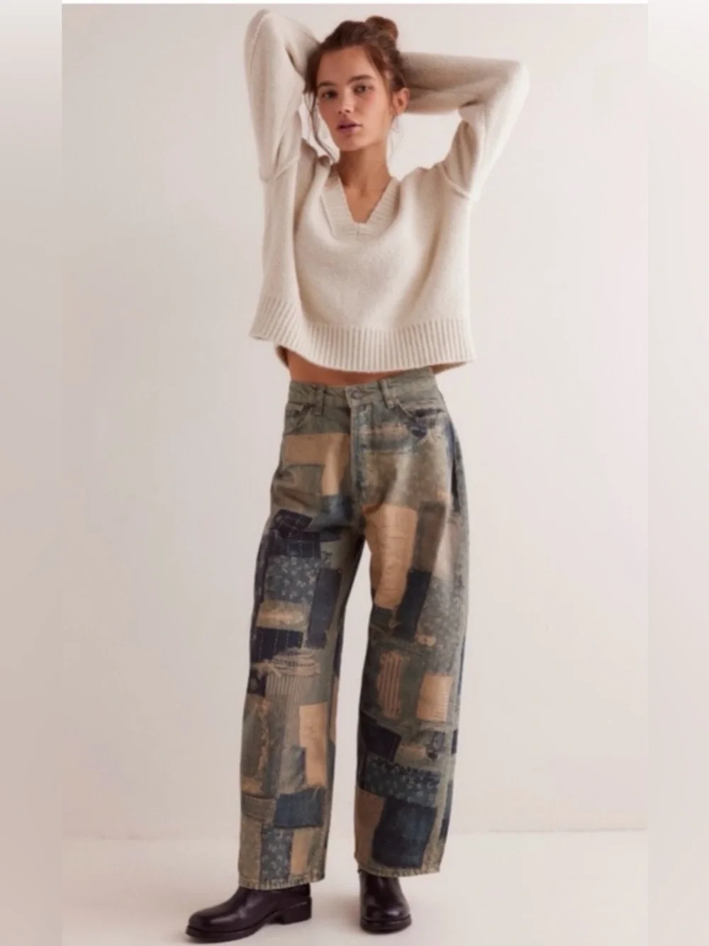 NWT FREE PEOPLE WE THE FREE Illusions Relaxed Fit Jeans Indigo Combo Patch‎ 27